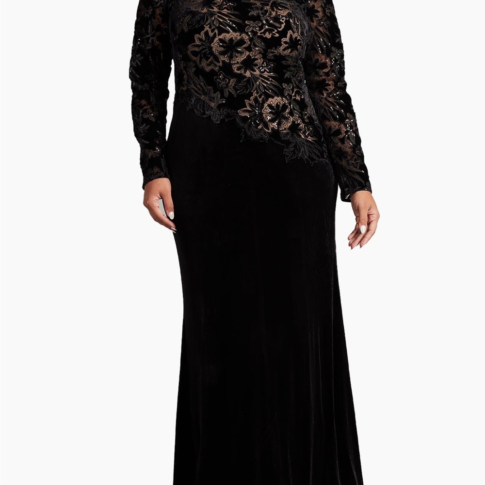 Tadashi Shoji Black and Tan Embellished Long Sleeve Gown